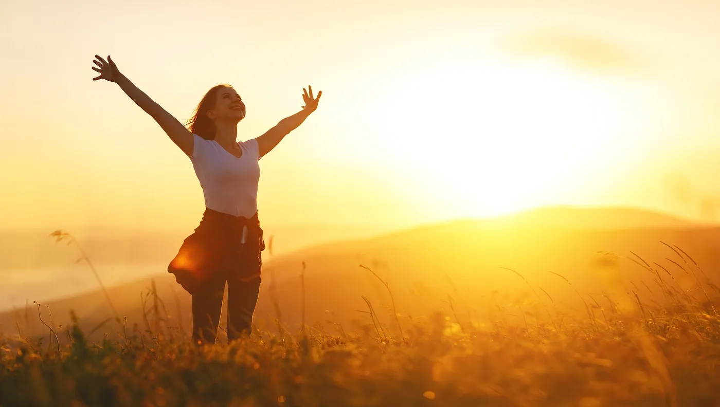 Mujer en un campo de girasoles al atardecer